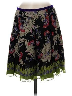 Anna Sui 100% Silk Black Floral A-Line Skirt with Purple Waistband